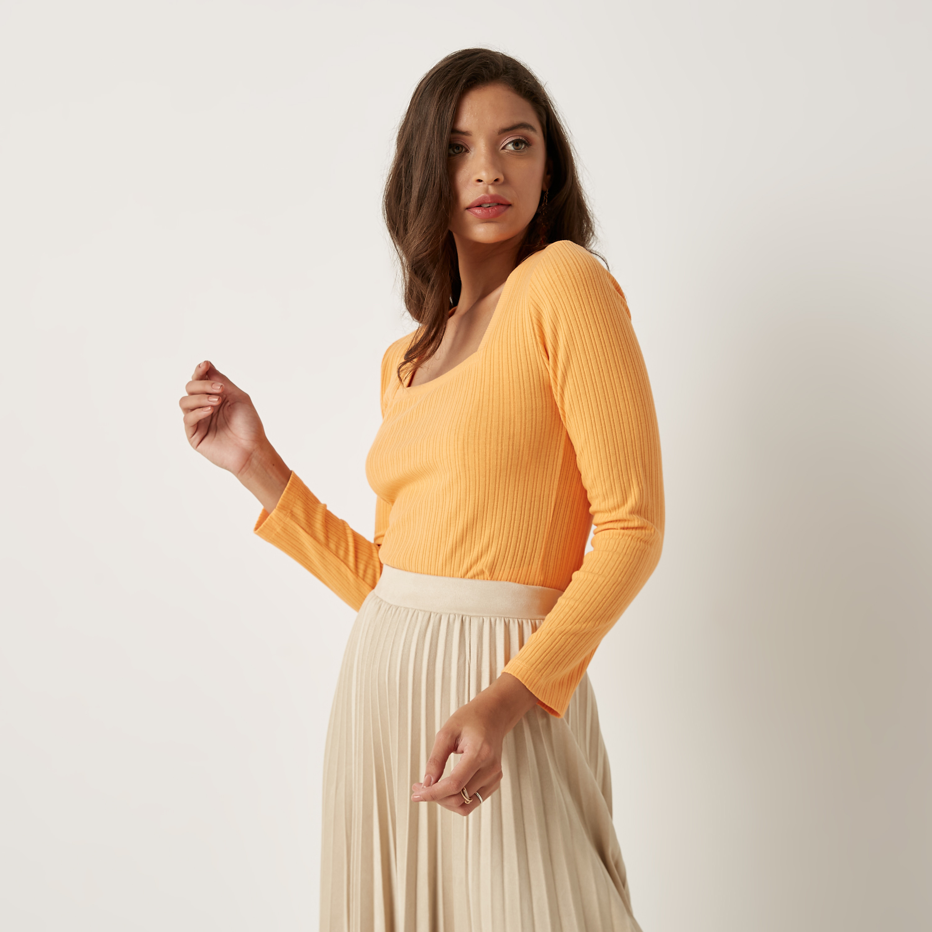 Shop Solid Square Neck Top with Long Sleeves Online | Max Egypt