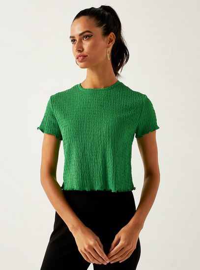Shirred Crew Neck Crop T-shirt with Short Sleeves and Lettuce Hem