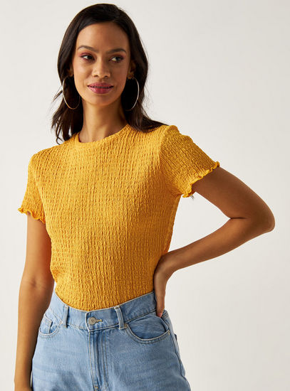 Shirred Crew Neck Crop T-shirt with Short Sleeves and Lettuce Hem