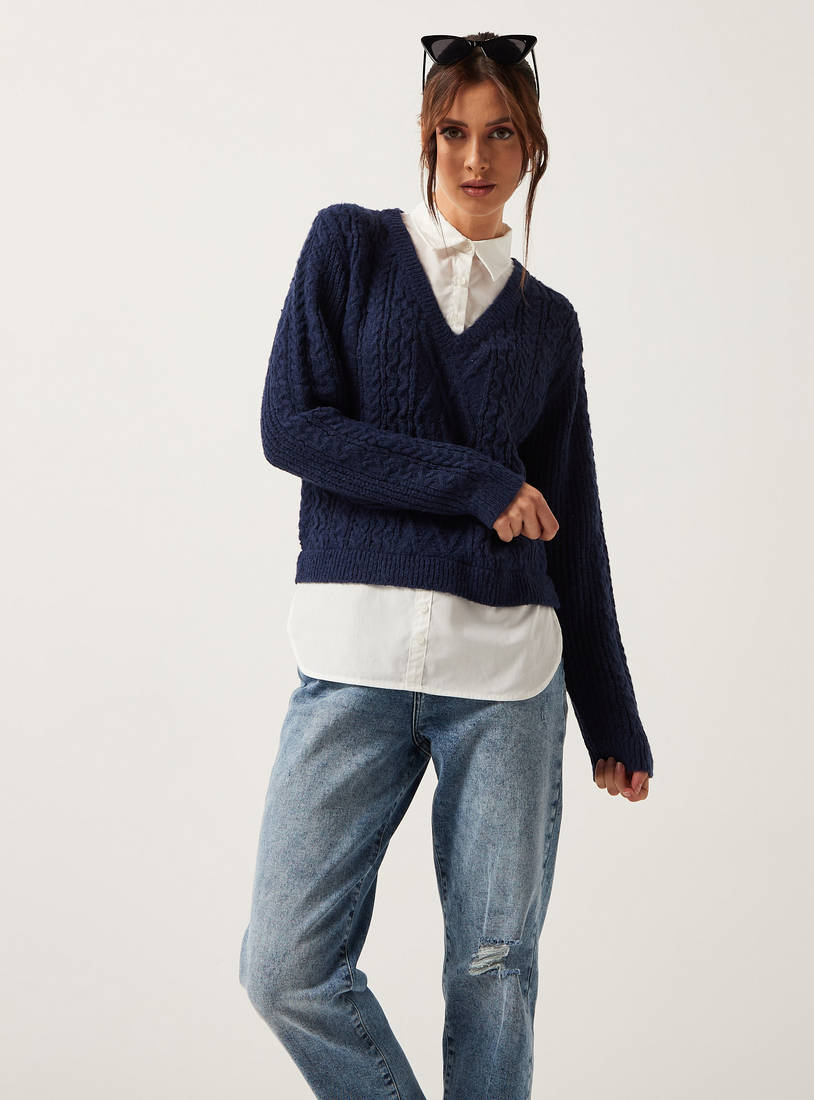 Textured V-neck Sweater with Long Sleeves-Sweaters & Cardigans-image-0