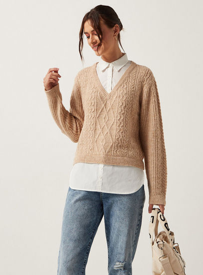 Textured V-neck Sweater with Long Sleeves-Sweaters & Cardigans-image-0