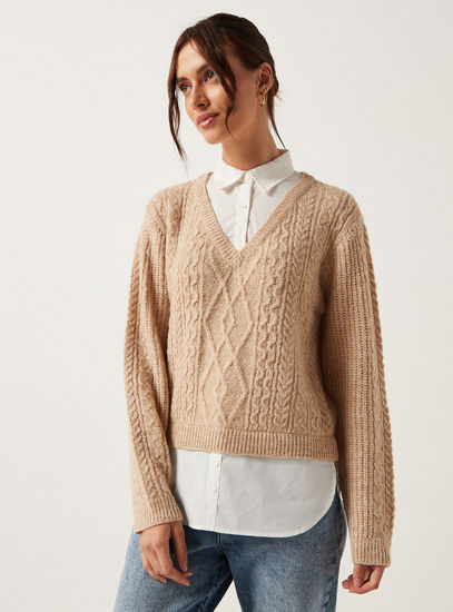 Textured V-neck Sweater with Long Sleeves-Sweaters & Cardigans-image-1