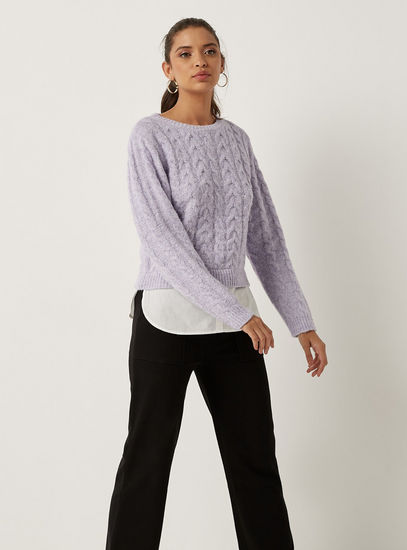 Textured Sweater with Round Neck and Long Sleeves-Sweaters & Cardigans-image-0