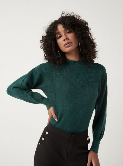 Textured Jacquard Jumper with Crew Neck and Long Sleeves-Sweaters & Cardigans-image-0