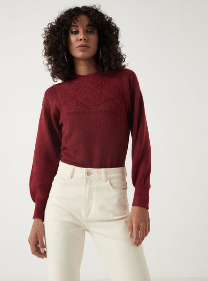 Textured Jacquard Jumper with Crew Neck and Long Sleeves-Sweaters & Cardigans-image-0