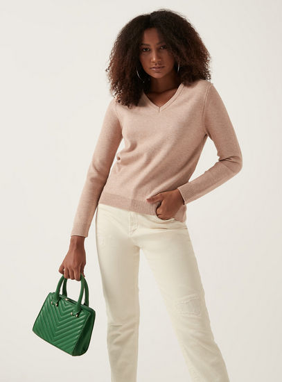 Solid V-neck Jumper with Long Sleeves-Sweaters & Cardigans-image-0