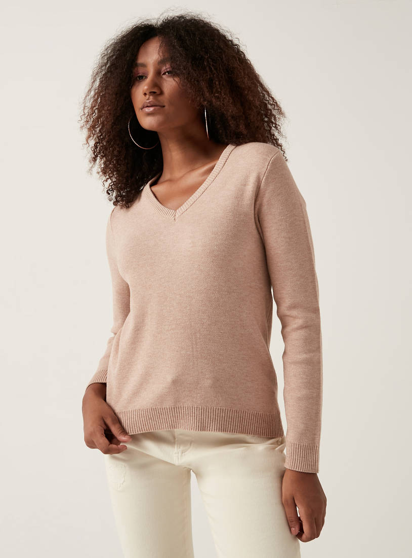 Solid V-neck Jumper with Long Sleeves-Sweaters & Cardigans-image-1