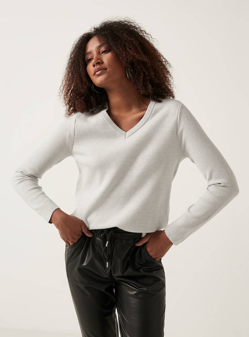 Solid V-neck Jumper with Long Sleeves-Sweaters & Cardigans-image-1