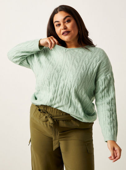 Textured V-neck Jumper with Long Sleeves-Sweaters & Cardigans-image-0