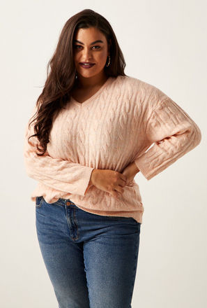 Textured V-neck Jumper with Long Sleeves-mxwomen-clothing-plussizeclothing-sweatersandcardigans-3