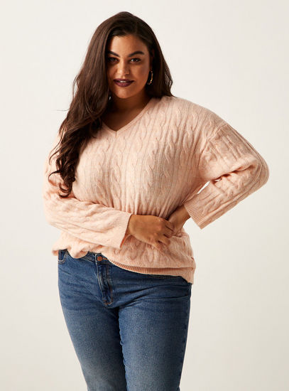 Textured V-neck Jumper with Long Sleeves-Sweaters & Cardigans-image-0