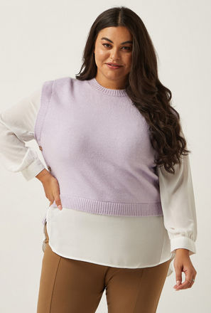 Solid Tabard Sweater with Crew Neck and Button Accents