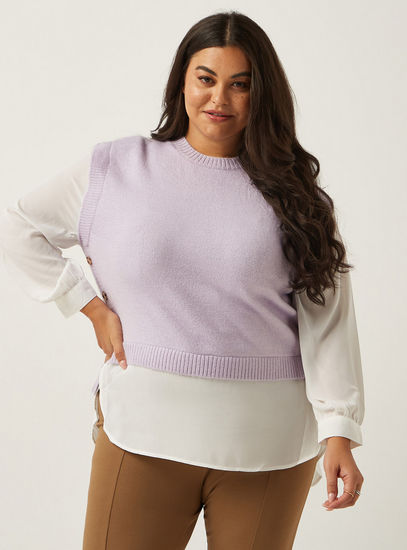 Solid Tabard Sweater with Crew Neck and Button Accents-Sweaters & Cardigans-image-0