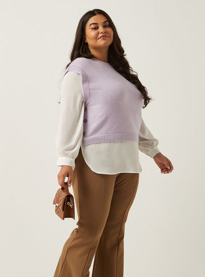 Solid Tabard Sweater with Crew Neck and Button Accents-Sweaters & Cardigans-image-1