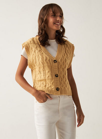 Cable Textured Sweater Vest with Button Closure-Sweaters & Cardigans-image-1