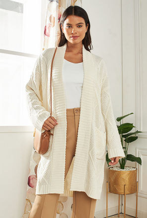 Textured Open Front Cardigan with Long Sleeves and Pockets