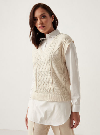 Textured Sleeveless Sweater with V-neck-Sweaters & Cardigans-image-1