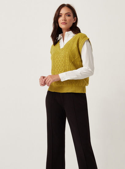 Textured Sleeveless Sweater with V-neck-Sweaters & Cardigans-image-0