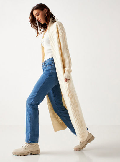 Cable Knitted Longline Cardigan with Bell Sleeves and Pockets-Sweaters & Cardigans-image-0
