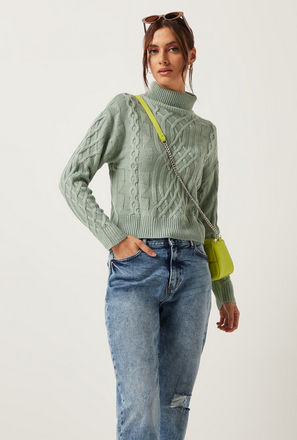 Cable Textured Jumper with Turtle Neck and Long Sleeves