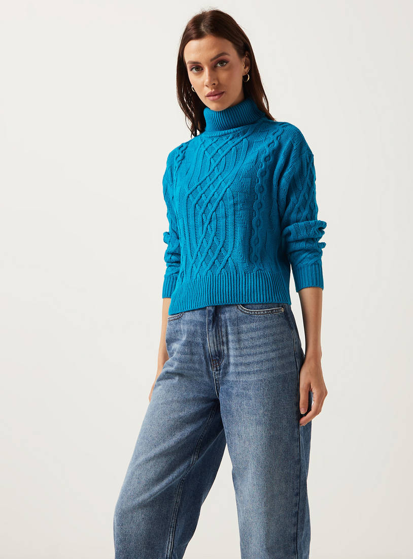 Cable Textured Jumper with Turtle Neck and Long Sleeves-Sweaters & Cardigans-image-0