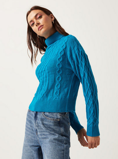 Cable Textured Jumper with Turtle Neck and Long Sleeves-Sweaters & Cardigans-image-1