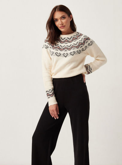 Printed Crew Neck Sweater with Long Sleeves-Sweaters & Cardigans-image-0