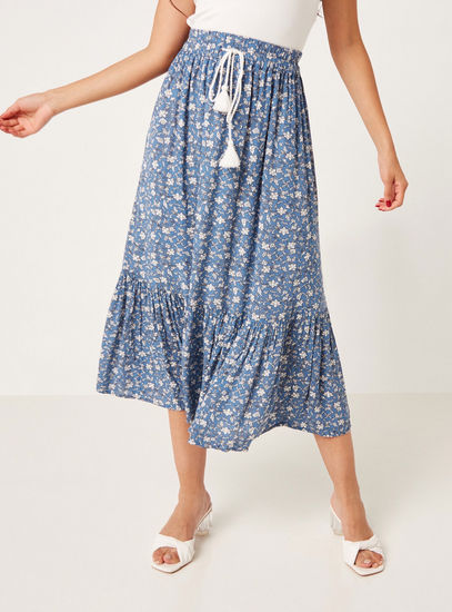 Floral Print Tiered Skirt with Tassel Tie-Up
