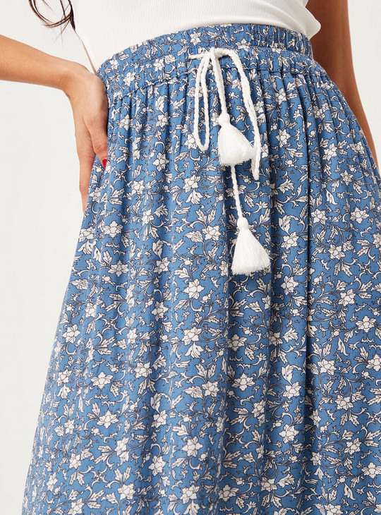 Floral Print Tiered Skirt with Tassel Tie-Up