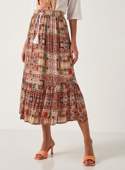 Printed Tiered Skirt with Tassel Tie-Up