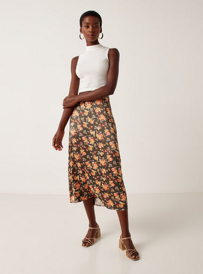 Floral Print Midi Satin Skirt with Waistband-Midi-image-0