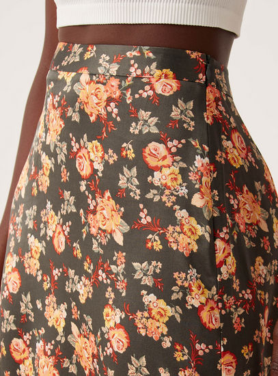 Floral Print Midi Satin Skirt with Waistband