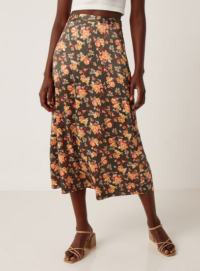 Floral Print Midi Satin Skirt with Waistband