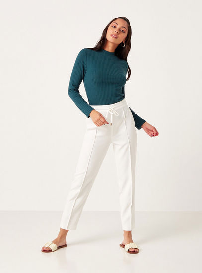 Solid Mid-Rise Pants with Elasticated Waistband and Drawstring Closure