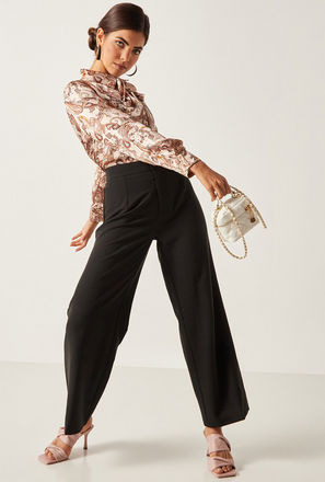 Solid Wide Leg Pants with Button Closure