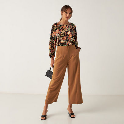 Solid Wide-Leg Pants with Button Closure