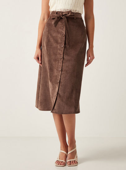 Textured Corduroy Midi Skirt with Tie-Up Belt and Button Detail