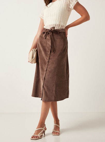 Textured Corduroy Midi Skirt with Tie-Up Belt and Button Detail