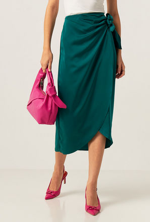 Solid Satin Wrap Midi Skirt with Knot Detail