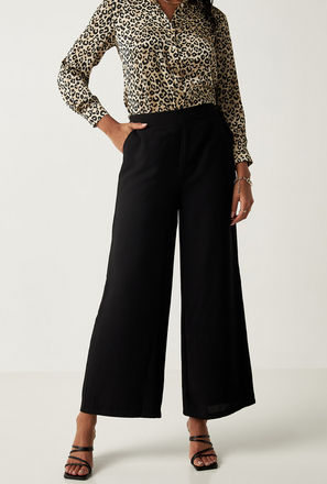 Solid Wide Leg Pants with Semi-Elasticated Waistband and Pockets