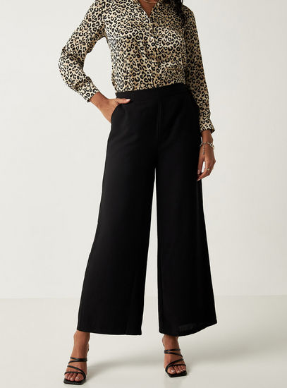 Solid Wide Leg Pants with Semi-Elasticated Waistband and Pockets