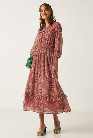 Paisley Print A-line Dress with 3/4 Sleeves and Shirred Waist