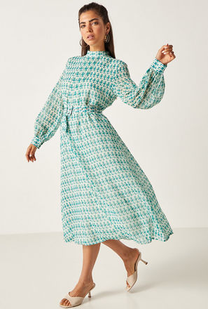All Over Print Midi Dress with Long Sleeves and Belt Detail