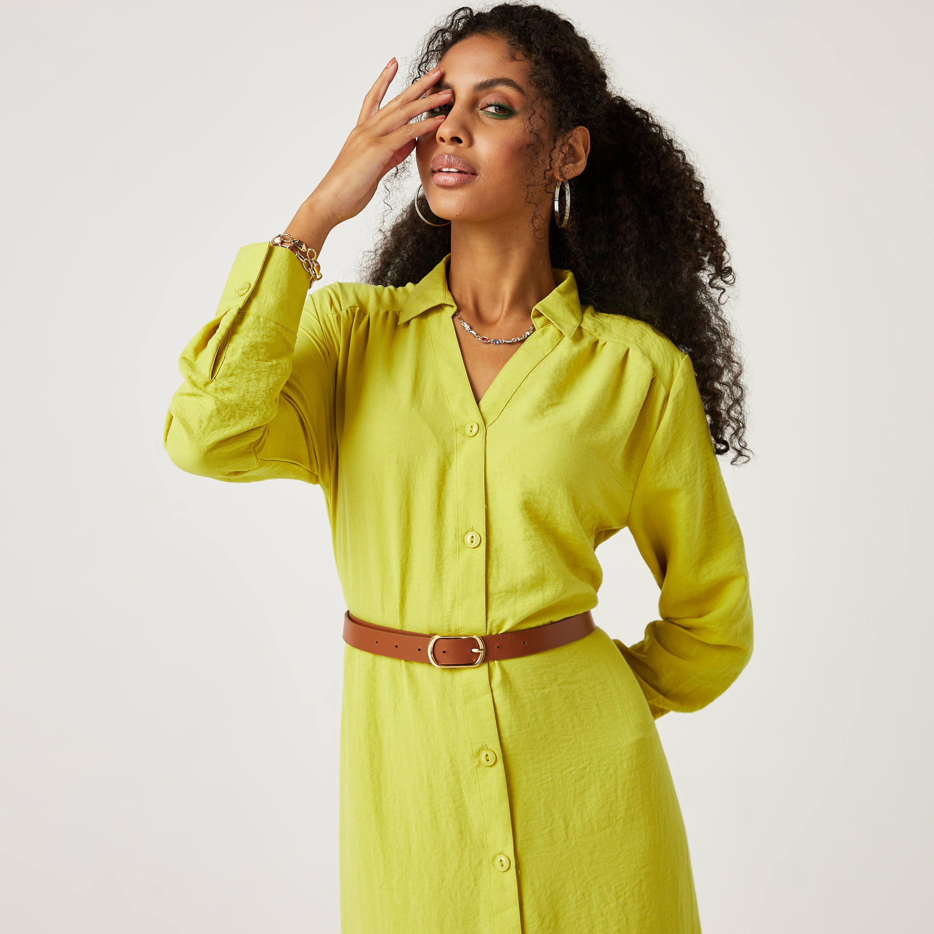 Solid Shirt Dress with Long Sleeves 