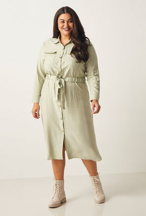Textured Midi Shirt Dress with Tie-Up Belt and Long Sleeves