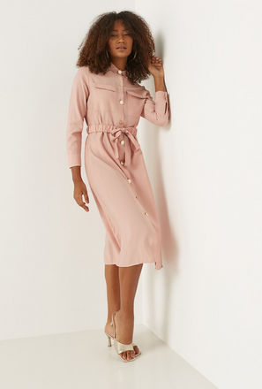 Textured Midi Shirt Dress with Tie-Up Belt and Long Sleeves