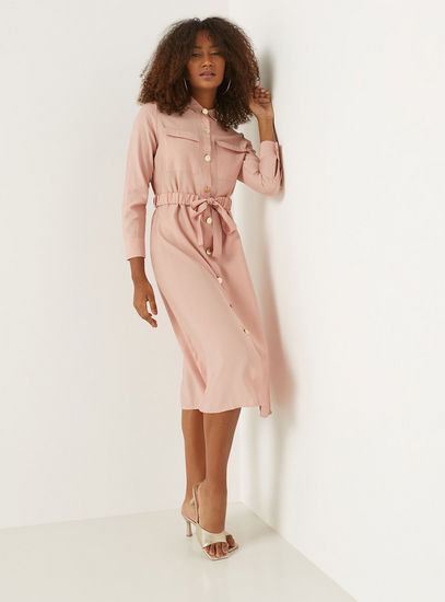 Textured Midi Shirt Dress with Tie-Up Belt and Long Sleeves-Midi-image-0