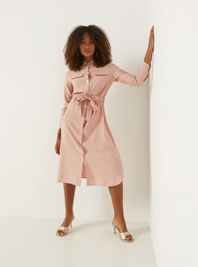 Textured Midi Shirt Dress with Tie-Up Belt and Long Sleeves-Midi-image-1
