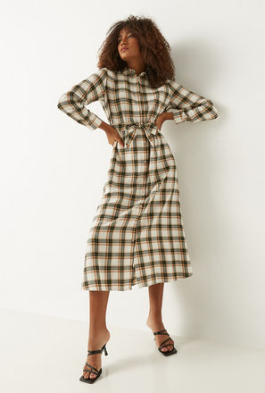 Checked Midi Shirt Dress with Tie-Up Belt and Long Sleeves