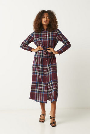 Checked Midi Shirt Dress with Tie-Up Belt and Long Sleeves